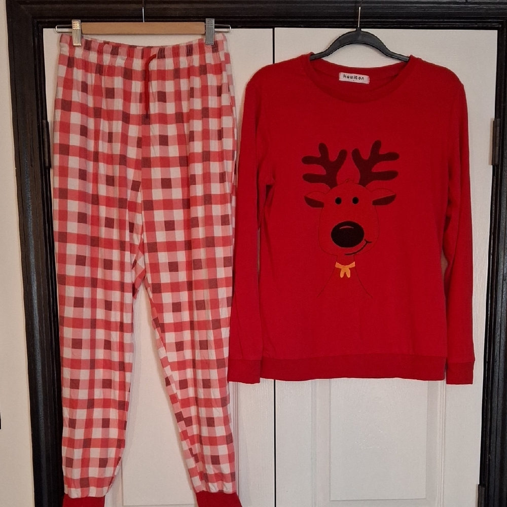 Festive Red and White Pajama Set with Reindeer Design